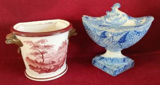 DAVENPORT CERAMIC FLATBACK POT, PLUS BLUE AND WHITE SERVING BOWL WITH COVER BOTH IN USED