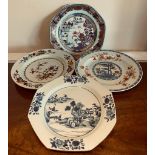 FOUR VARIOUS 19th CENTURY JAPANESE PLATES ALL WITH GOOD OLD CAREFUL REPAIRS OR HAIRLINE CRACKS
