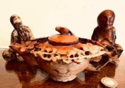 THREE SOAPSTONE CARVINGS INCLUDING JAPANESE SOAPSTONE TEAPOT
