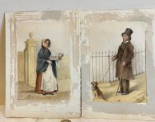 PAIR OF UNFRAMED WATERCOLOUR DRAWINGS- 'STREET VENDOR' AND 'UNSIGHTED BEGGAR', APPROXIMATELY 14.5