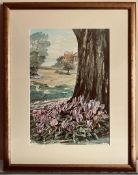 WATERCOLOUR- 'WOODLAND CYCLAMEN IN THE PARK', SIGNED LOWER RIGHT, APPROXIMATELY 34 x 23cm