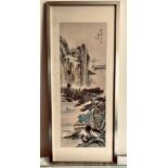 CHINESE PAINTING ON SILK- 'RIVER THROUGH THE MOUNTAINS', SIGNED TOP RIGHT, APPROXIMATELY 48 x 17.5cm