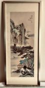 CHINESE PAINTING ON SILK- 'RIVER THROUGH THE MOUNTAINS', SIGNED TOP RIGHT, APPROXIMATELY 48 x 17.5cm