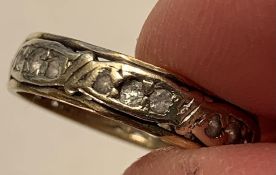 9ct GOLD RING WITH VERY SMALL SPINAL AND DIAMOND BRILLIANTS, SIZE O, WEIGHT APPROXIMATELY 2.9g