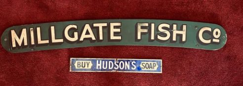 MILLGATE FISH CO OLD WOODEN PAINTED SIGN APPROXIMATELY 129cm PLUS HUDSON'S SIGN APPROXIMATELY 51cm