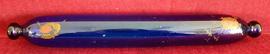 NAILSEA BLUE COLOURED GLASS ROLLING PIN. APPROX. 35CM L USED CONDITION, SLIGHT CHIPS AND CRACKS TO