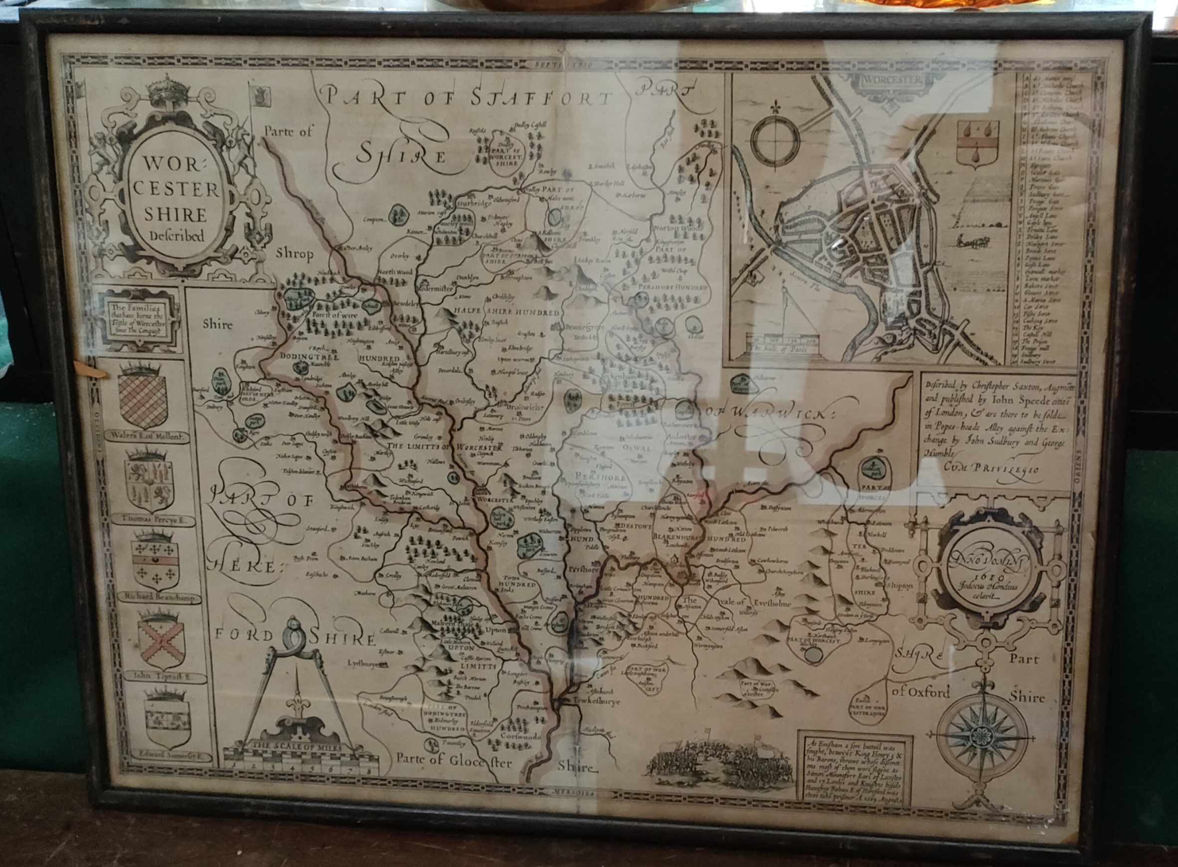 CHRISTOPHER SAXTON, PUB, SPEED MAP OF WORCESTERSHIRE, 1610. APPROX. 38 X 51CM