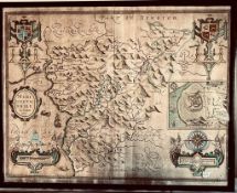 JOHN SPEED FRAMED MAP OF DENBIGHSHIRE, 1676. APPROX. 40 X 51CM