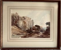 JOHN MOYER HEATHCOTE SENIOR WATERCOLOUR - COTTAGE IN THE VALLEY, SIGNED TO BOTTOM LEFT. APPROX. 23 X