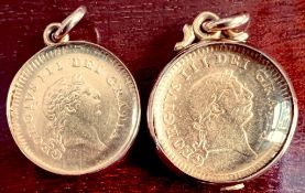 Two George III 1/3rd Guineas, 1804 and 1810, both within glazed gold mounts