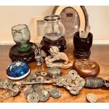 QUANTITY OF CHINESE COINAGE, OVAL PHOTO FRAME STANDS, GLASS VASES, ETC, INCLUDING 800 SILVER PILL