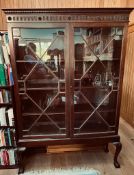 MAHOGANY DISPLAY CABINET WITH GLAZED DOOR, UPON CABRIOLE CLAW AND BALL SUPPORTS, APPROXIMATELY 188 x