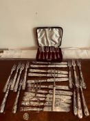 SIX SILVER CAKE FORKS AND TWENTY-THREE PIECES OF PLATED FLATWARE