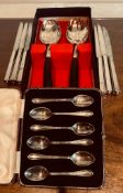 SIX SILVER COFFEE SPOONS, ORIENTAL SERVING SET PLUS SIX SILVER COLOURED KNIVES