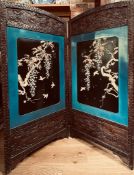 TWO-FOLD JAPANESE SCREEN, TYPICAL APPLIED DECORATION, LACQUERED REVERSE, EACH PANEL APPROXIMATELY