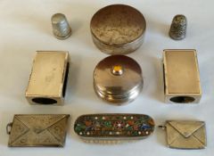 MIXED LOT OF SILVER ITEMS INCLUDING TWO MATCHBOX HOLDERS, STORAGE TINS, THIMBLES, STAMP ENVELOPES,