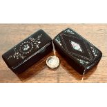 TWO PAPIER MACHE SNUFF BOXES INLAID WITH MOTHER OF PEARL
