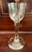 18TH CENTURY CORDIAL DRINKING GLASS WITH FOLDED FOOT. APPROX. 14CM H