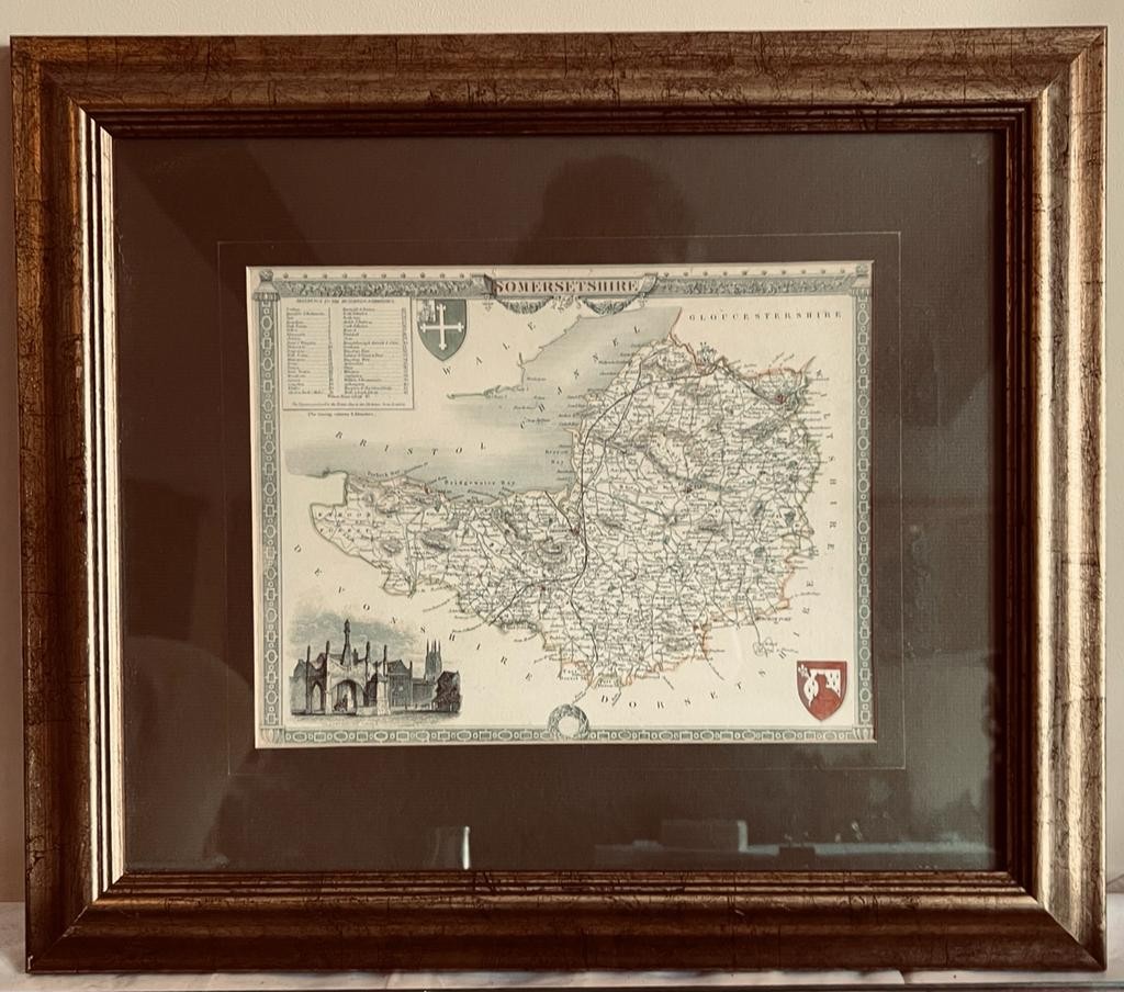 FRAMED MAP OF SOMERSET. APPROX. 21 X 27CM