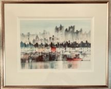 E. P. HOLLINS GLAZED AND FRAMED LIMITED EDITION LITHOGRAPH "WHEN THE BOAT COMES IN" NO. 180 OF