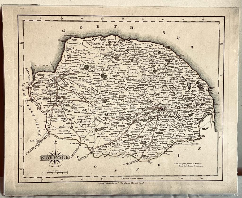 1793 MAP OF NORFOLK. APPROX. 24 X 30CM