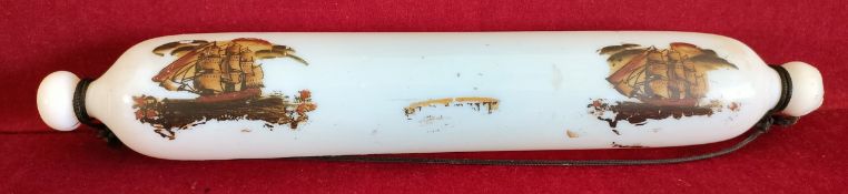 NAILSEA OPALESCENT GLASS ROLLING PIN. APPROX. 36CM L USED CONDITION, SLIGHT CHIPS AND CRACKS TO SOME