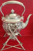 SILVER PLATED SPIRIT KETTLE BY WALKER AND HALL, ON STAND WITH BURNER. APPROX. 31CM H REASONABLE USED