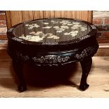 CHINESE CIRCULAR "COFFEE TABLE", GLASS TOP PROTECTING CARVED SEMI-PRECIOUS JADE COLOURED DECORATION,