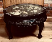 CHINESE CIRCULAR "COFFEE TABLE", GLASS TOP PROTECTING CARVED SEMI-PRECIOUS JADE COLOURED DECORATION,