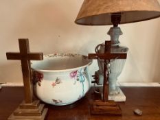 CERAMIC CHAMBER POT, LAMP AND TWO CHRISTIAN CROSSES