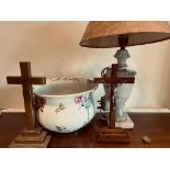 CERAMIC CHAMBER POT, LAMP AND TWO CHRISTIAN CROSSES