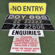 Two number plates, small Leicester Square sign, plus three other signs All in used condition