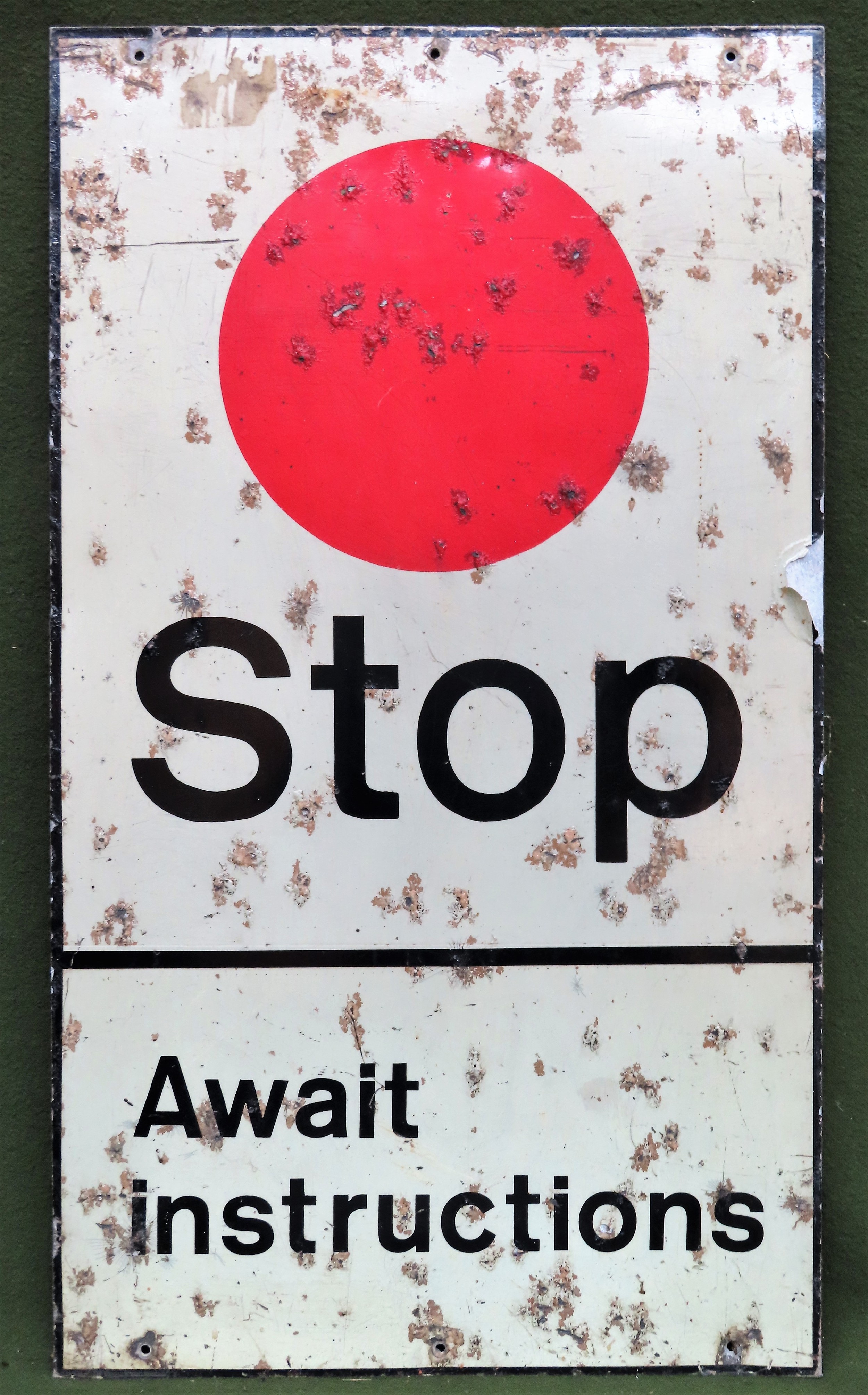 Stop Await Instructions rectangular aluminium railway sign. Approx. 70 x 40 Used condition, wear