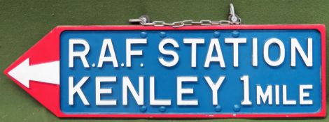 Good quality vintage painted cast iron RAF Station Kenley 1 mile hanging sign, stamped to back and