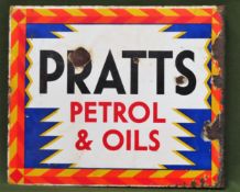 Pratts Petrol and Oils double sided wall mounting enamel advertising sign. Approx. 46 x 55cm Used