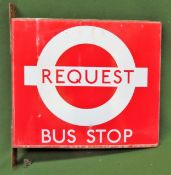 Request Bus Stop double sided enamelled sign. Approx. 39.5 x 46cm Used condition, wear to enamel