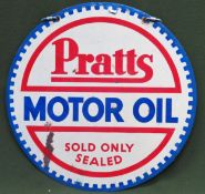 Pratts Motor Oil double sided wall mounting enamel advertising sign. Approx. 66cm diameter Used