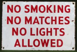 No smoking No Matches vintage enamelled advertising sign. Approx. 30.5cms x 45.5cms Used