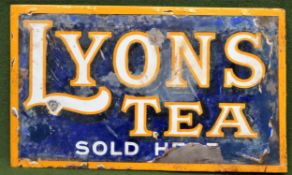 Lyons Tea double sided wall mounting enamel advertising sign. Approx. 23 x 39cm Used condition, wear