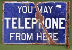 Vintage You May Telephone From Here double sided enamelled sign. Approx. 30.5 x 47.5cm Used