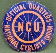 NCU (National Cyclists Union) circular enamel advertising sign. Approx. 46cm diameter Used