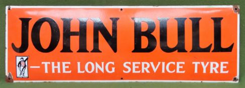 John Bull The Long Service Tyre enamel advertising sign. Approx. 31 x 91cm Used condition, wear to