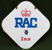 RAC Inn double sided wall mounting enamel advertising sign. Approx. 56 x 56cm Used condition, wear