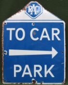 RAC Car Park wall mounting enamel advertising sign. Approx. 71 x 54cm Used condition, wear to enamel