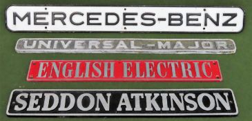 Three painted cast iron signs, plus Mercedes Benz aluminium sign All in used condition