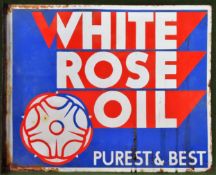 White Rose Oil double sided wall mounting enamel advertising sign. Approx. 56 x 46cm Used condition,