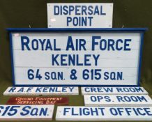 Vintage painted wooden Royal Air Force Kenley 64 Sqn & 615 Sqn hanging sign, together with seven