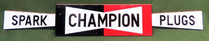 Vintage painted wooden Champion Spark Plugs advertising sign, possibly home made. Approx. 24 x 156cm