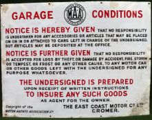 Motor Agents Society Garage Conditions enamelled sign. Approx. 64cms x 84cms Used condition, wear to