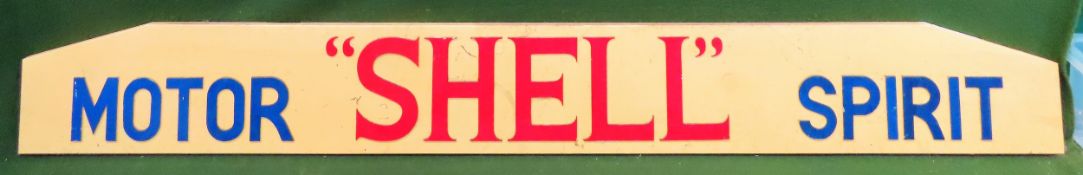 Vintage painted wooden Shell Motor Spirit advertising sign, possibly home made. Approx. 21 x 172cm